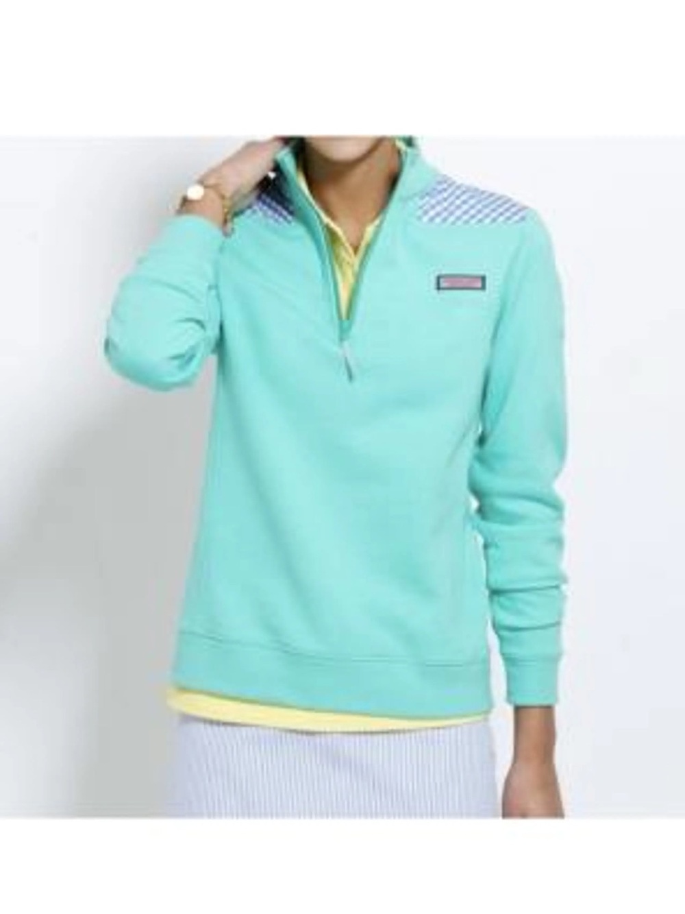 Vineyard Vines Plaid Aqua Half-Zip Pullover Top